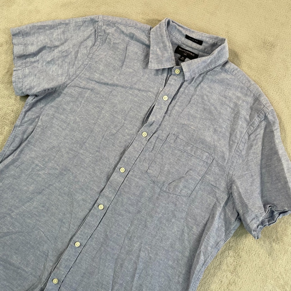 Banana Republic Slim Fit Shirt Men XL Blue Linen Blend Chambray Short Sleeve